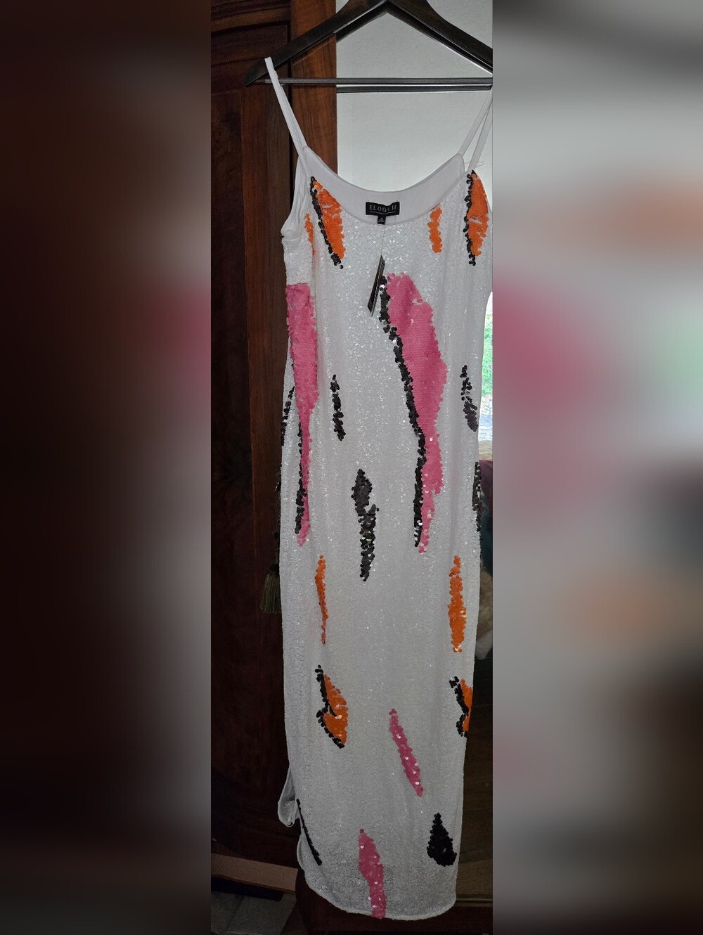 Eloquii White Sequin Maxi Dress with Pink and Orange Accents